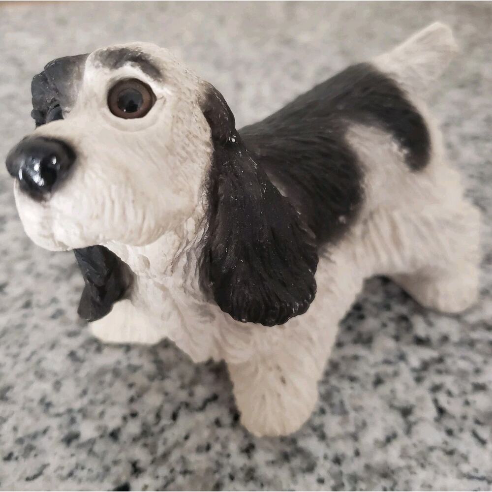VTG Resin‎ Black & White Cocker Spaniel Springer Dog Puppy Figurine Glass Eyes